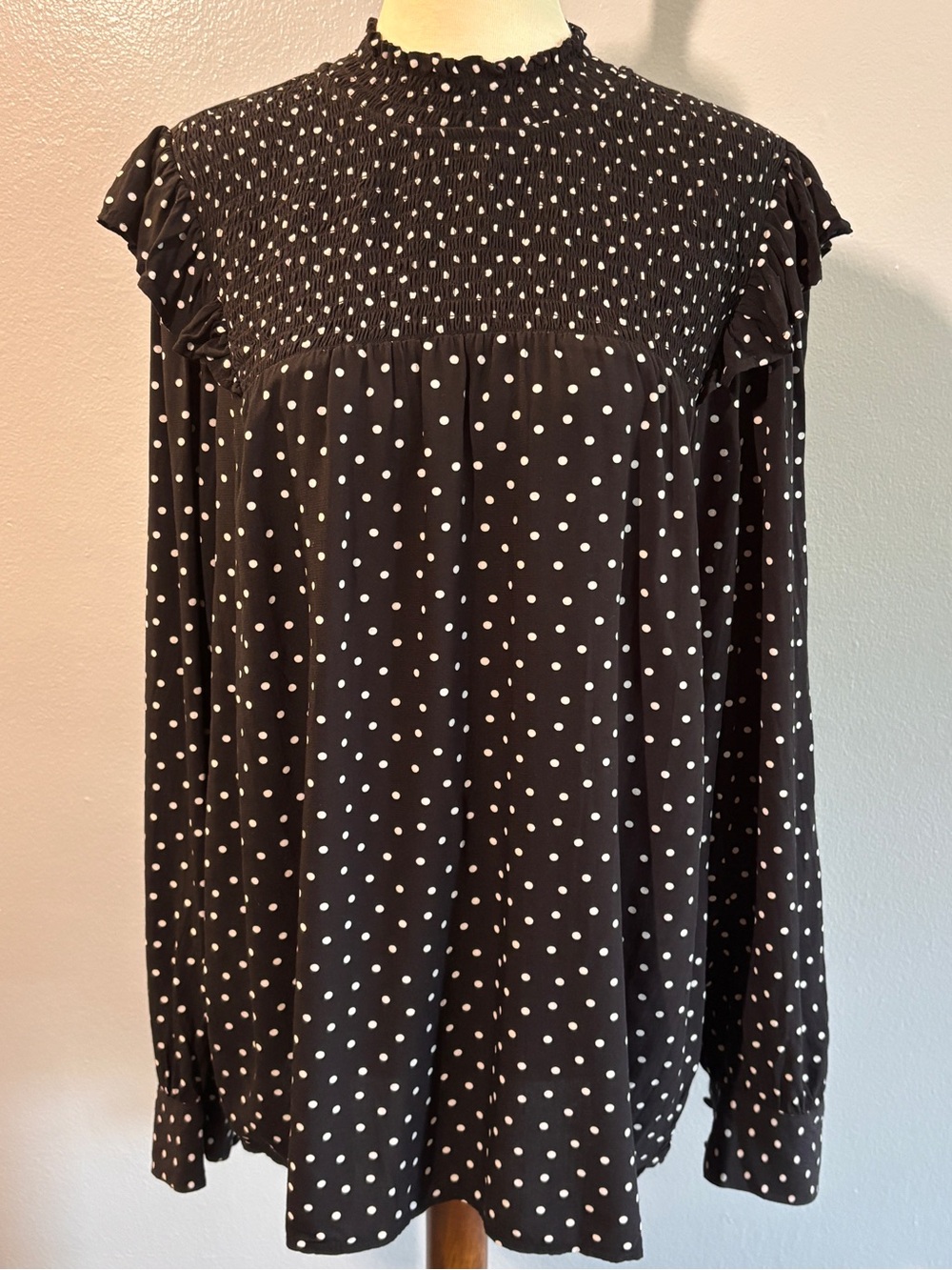 LOFT Black and White Polka Dot Smocked Yoke Top
